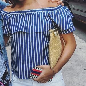 Off shoulder blue/ white striped top. Sz small.